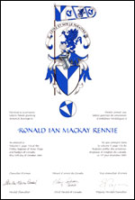 Letters patent granting heraldic emblems to Ronald Ian Mackay Rennie