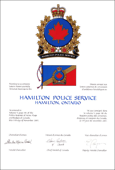 Lettres patentes concédant des emblèmes héraldiques au Hamilton Police Service