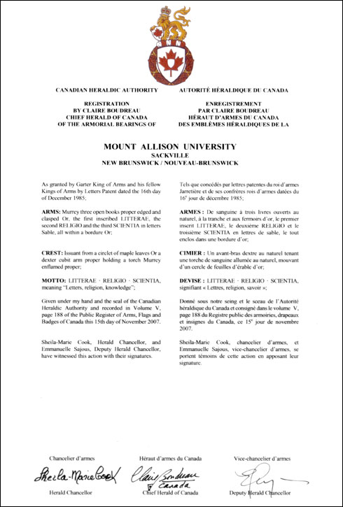 Letters patent registering the heraldic emblems of Mount Allison University