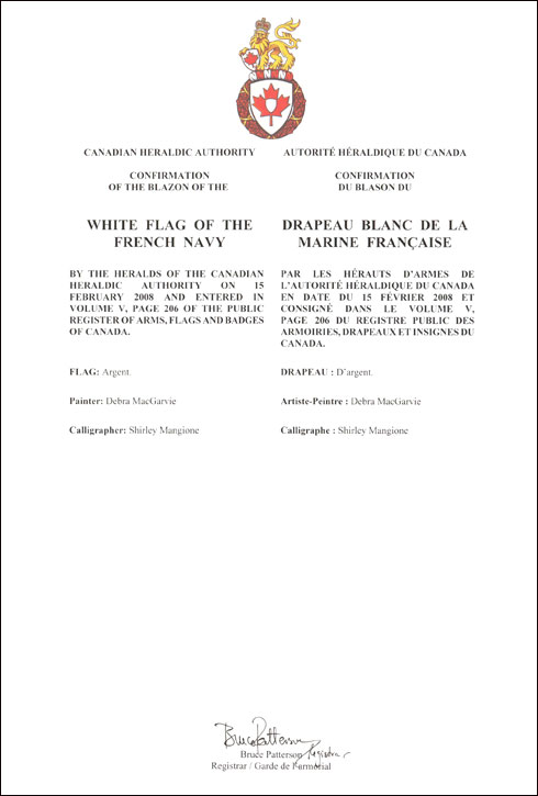 Lettres patentes confirmant le blasonnement du drapeau blanc de la marine française