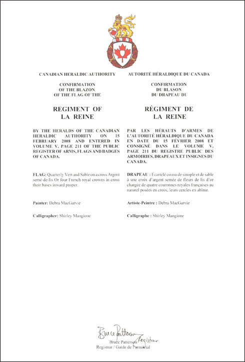 Lettres patentes confirmant le blasonnement du drapeau du régiment de la Reine