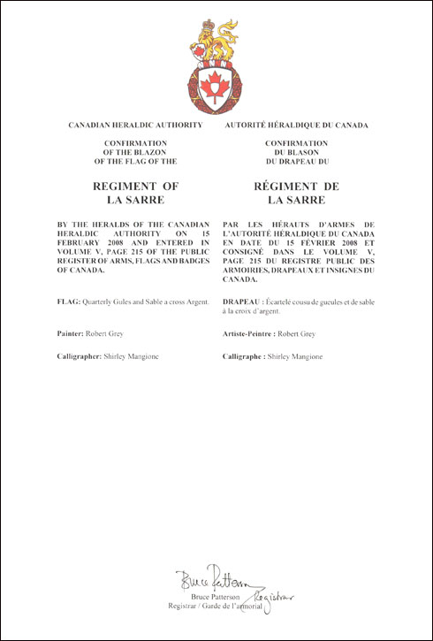 Lettres patentes confirmant le blasonnement du drapeau du régiment de la Sarre