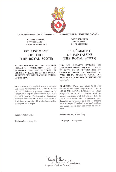 Letters patent confirming the blazon of the Flag of the 1st Regiment of Foot (The Royal Scots)