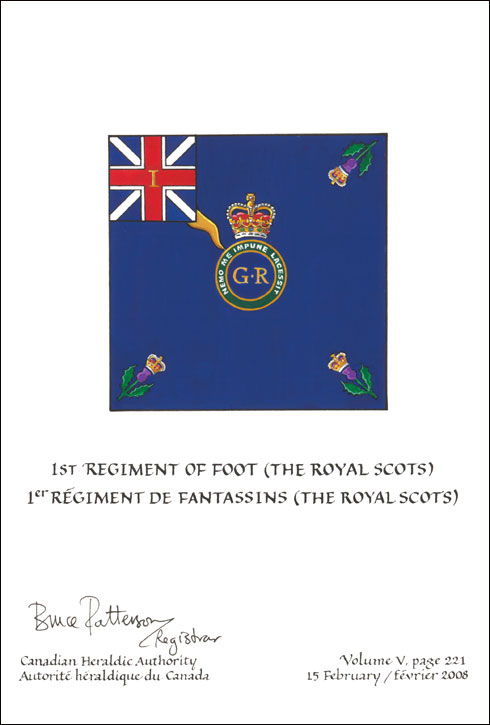 Letters patent confirming the blazon of the Flag of the 1st Regiment of Foot (The Royal Scots)