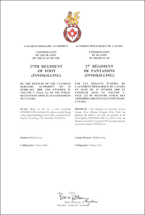 Letters patent confirming the blazon of the Flag of the 27th Regiment of Foot (Inniskilling)