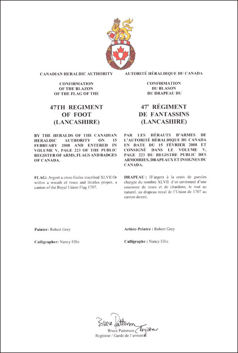 Letters patent confirming the blazon of the Flag of the 47th Regiment of Foot (Lancashire)