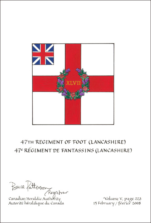 Letters patent confirming the blazon of the Flag of the 47th Regiment of Foot (Lancashire)