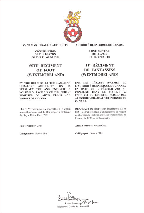 Letters patent confirming the blazon of the Flag of the 55th Regiment of Foot (Westmoreland)