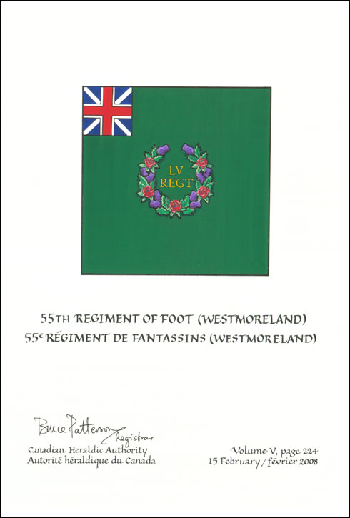 Letters patent confirming the blazon of the Flag of the 55th Regiment of Foot (Westmoreland)