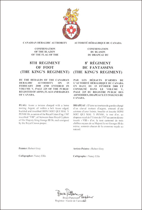 Letters patent confirming the blazon of the Flag of the 8th Regiment of Foot (The King’s Regiment)