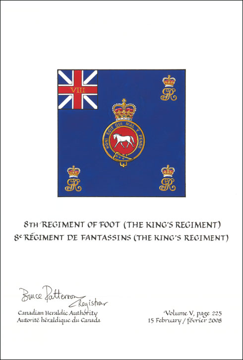 Lettres patentes confirmant le blasonnement du drapeau du 8e Régiment de fantassins (The King’s Regiment)