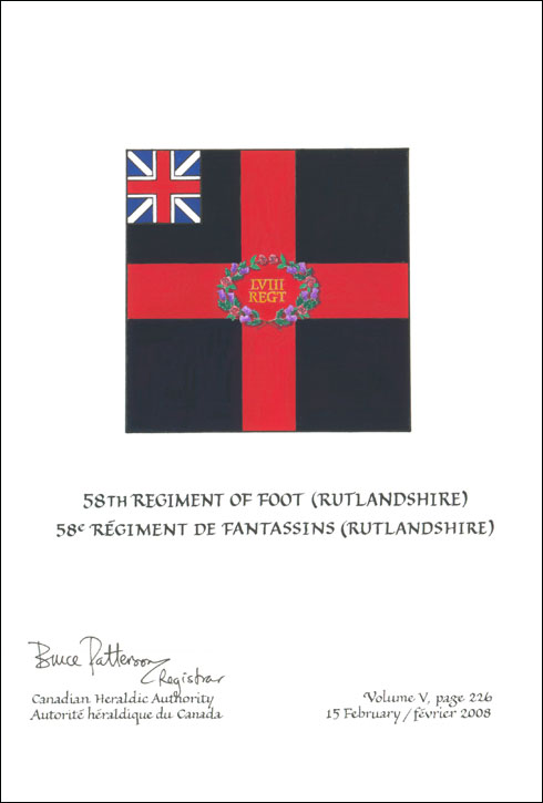 Letters patent confirming the blazon of the Flag of the 58th Regiment of Foot (Rutlandshire)