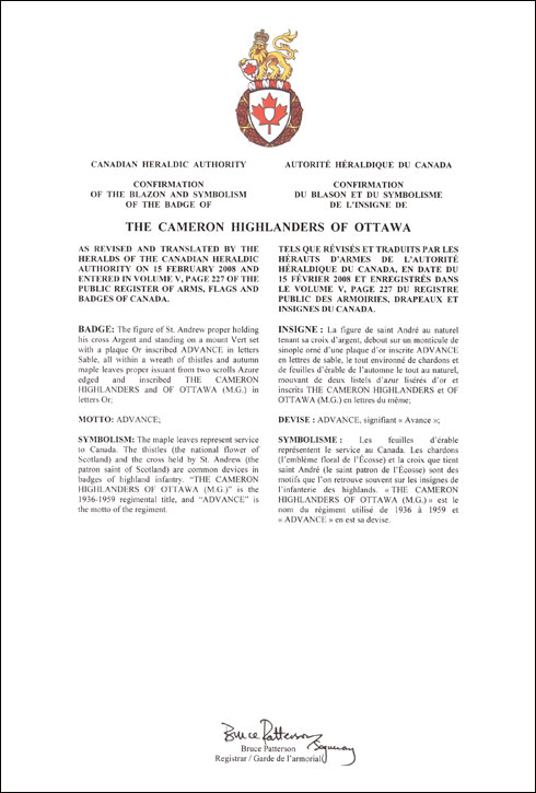 Lettres patentes confirmant le blasonnement de l'insigne de The Cameron Highlanders of Ottawa