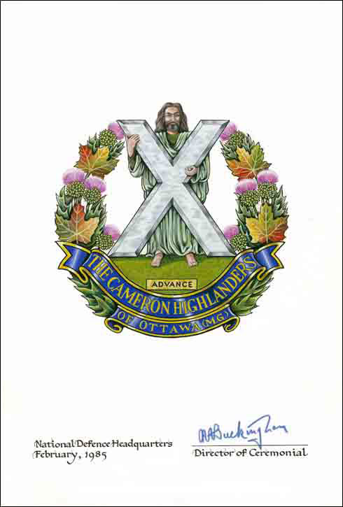 Lettres patentes confirmant le blasonnement de l'insigne de The Cameron Highlanders of Ottawa