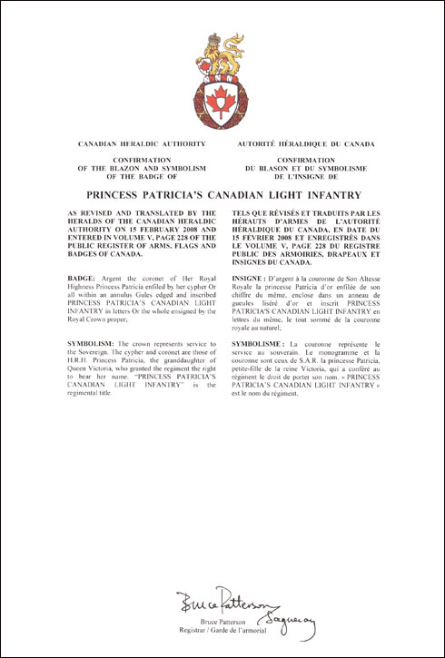 Lettres patentes confirmant le blasonnement de l'insigne de la Princess Patricia’s Canadian Light Infantry