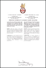 Lettres patentes confirmant le blasonnement de l'insigne de la Princess Patricia’s Canadian Light Infantry