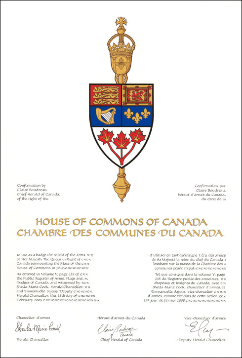 Letters patent confirming the use of a Badge by the  House of Commons of Canada