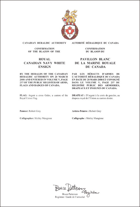 Lettres patentes confirmant le blasonnement du Pavillon blanc de la Marine royale du Canada