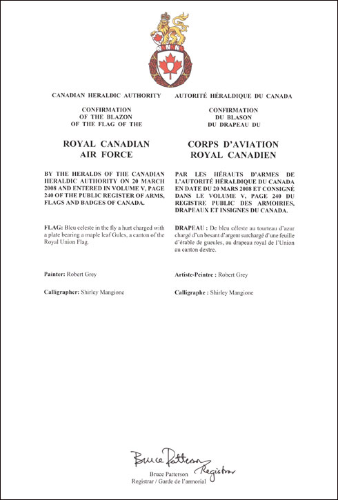 Letters patent confirming the blazon of the Flag of the Royal Canadian Air Force