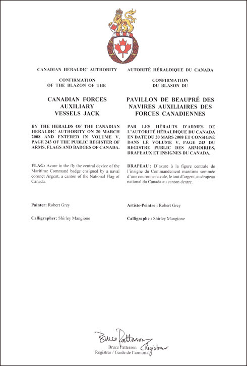 Lettres patentes confirmant le blazonnement du Pavillon de beaupré des navires auxiliaires des Forces canadiennes