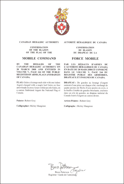 Letters patent confirming the blazon of the Flag of the Mobile Command