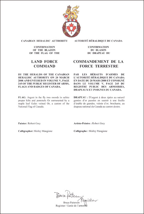 Lettres patentes confirmant le blasonnement du drapeau du Commandement de la Force terrestre