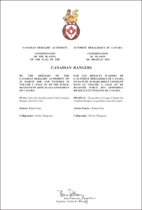 Lettres patentes confirmant le blasonnement du drapeau des Canadian Rangers