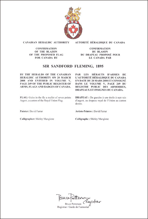 Letters patent confirming the blazon of the Proposed Flag: Sir Sandford Fleming, 1895