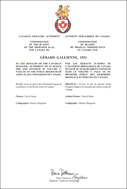 Lettres patentes confirmant le blasonnement du drapeau proposé: Gérard Gallienne, 1931