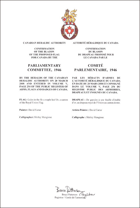 Letters patent confirming the blazon of the Proposed Flag: Parliamentary Committee, 1946