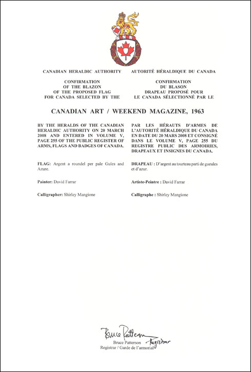 Lettres patentes confirmant le blasonnement du drapeau proposé: Canadian Art / Weekend Magazine, 1963