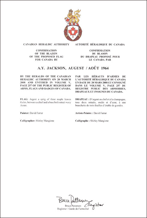 Lettres patentes confirmant le blasonnement du drapeau proposé: A.Y. Jackson, 1964