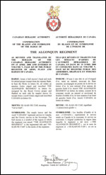 Lettres patentes confirmant le blasonnement de l'insigne de The Algonquin Regiment