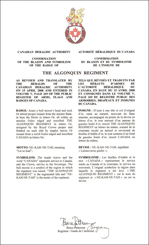 Lettres patentes confirmant le blasonnement de l'insigne de The Algonquin Regiment