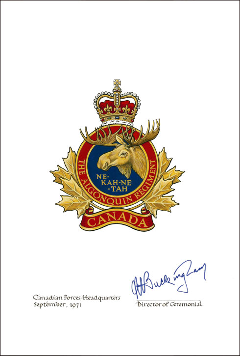 Lettres patentes confirmant le blasonnement de l'insigne de The Algonquin Regiment