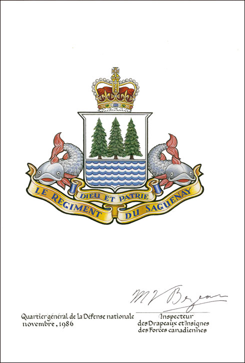 Letters patent confirming the blazon of the Badge of Le Régiment du Saguenay