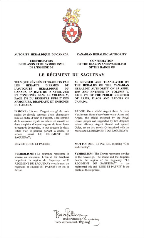 Letters patent confirming the blazon of the Badge of Le Régiment du Saguenay