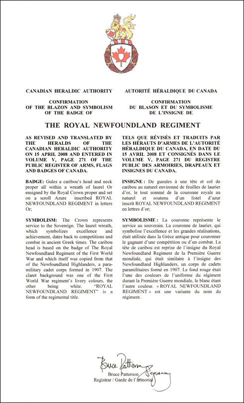 Lettres patentes confirmant le blasonnement de l'insigne de The Royal Newfoundland Regiment