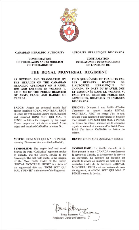 Lettres patentes confirmant le blasonnement de l'insigne de The Royal Montreal Regiment