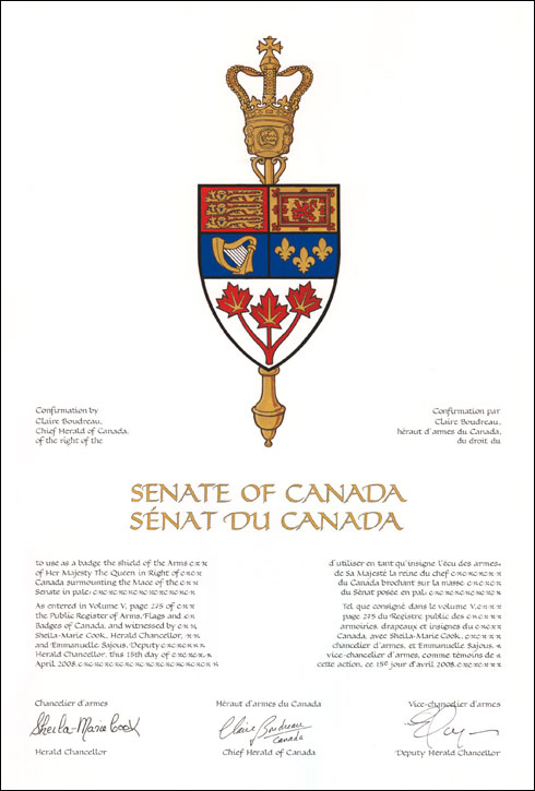 Letters patent confirming the use of a Badge by the Senate of Canada