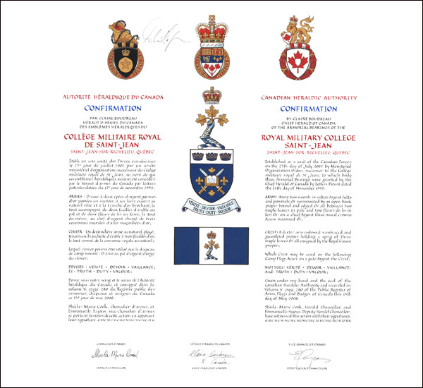 Lettres patentes confirmant les emblèmes héraldiques du Collège militaire royal de Saint-Jean