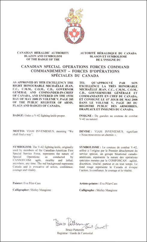 Letters patent approving the Badge of the Canadian Special Operations Forces Command