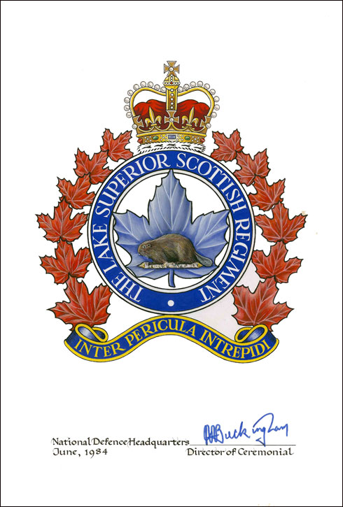 Lettres patentes confirmant le blasonnement de l'insigne de The Lake Superior Scottish Regiment