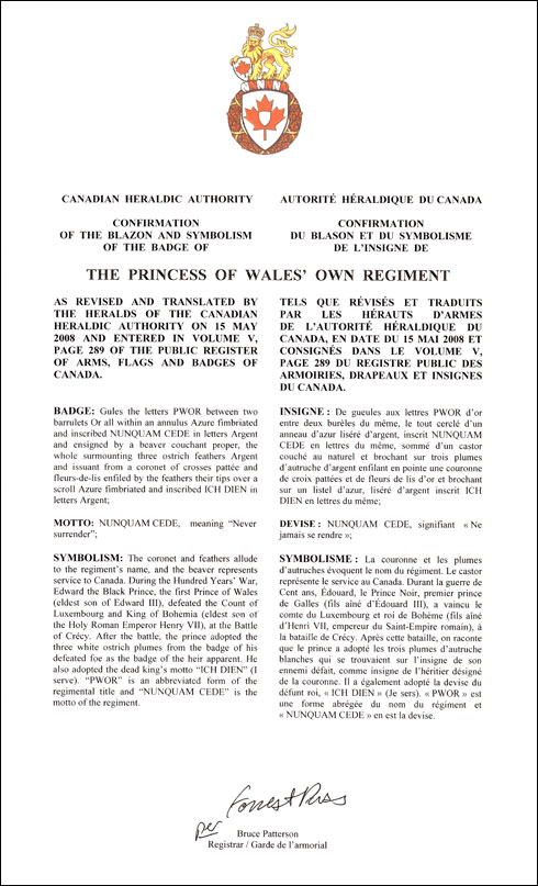 Letters patent confirming the blazon of the Badge of The Princess of Wales’ Own Regiment