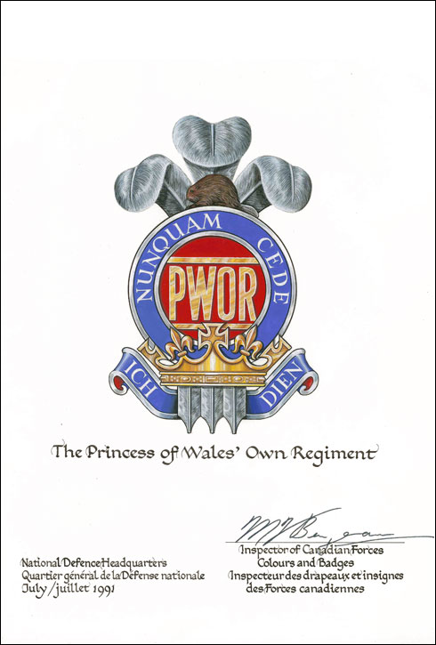 Letters patent confirming the blazon of the Badge of The Princess of Wales’ Own Regiment