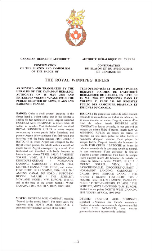 Lettres patentes confirmant le blasonnement de l'insigne de The Royal Winnipeg Rifles