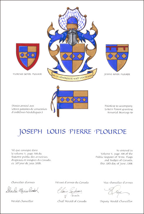 Letters patent granting heraldic emblems to Joseph Louis Pierre Plourde