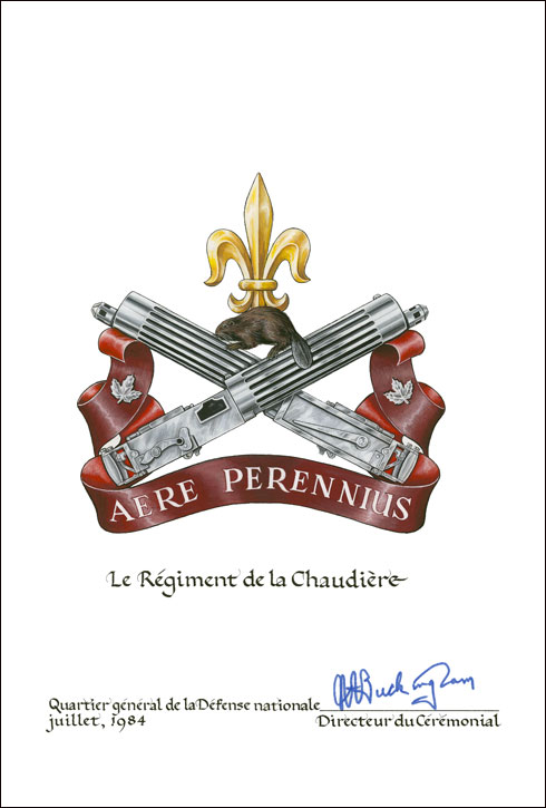 Lettres patentes confirmant le blasonnement de l'insigne du régiment de la Chaudière