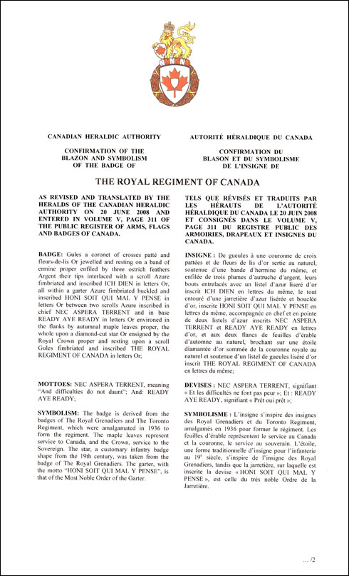 Lettres patentes confirmant le blasonnement de l'insigne de The Royal Regiment of Canada