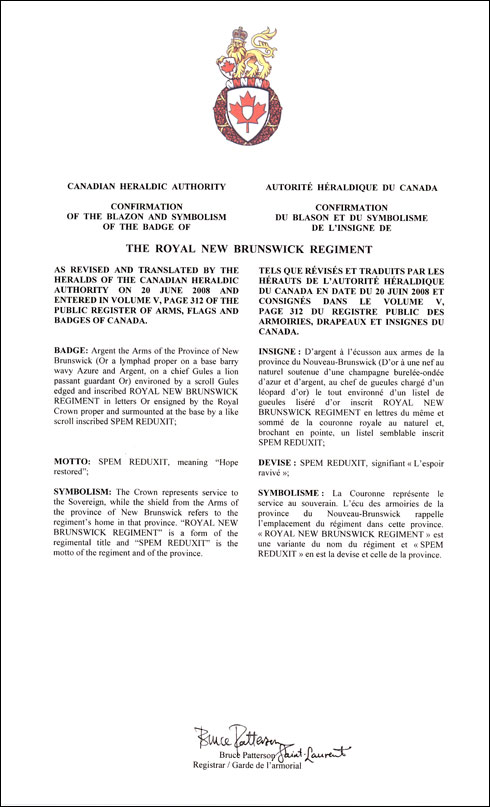 Letters patent confirming the blazon of the Badge of The Royal New Brunswick Regiment